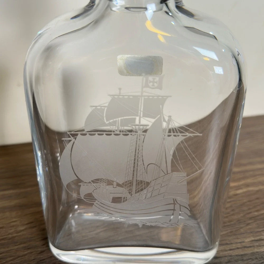Atlantis Full Lead Crystal Decanter Portugal Etched Sailing Ship Nautical 9.5